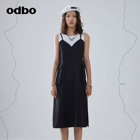 odbo/欧迪比欧休闲气质假两件无袖连衣裙女春季新款宽松工装裙子图片
