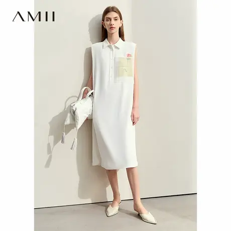 Amii2025夏新款翻领艺术感印花贴布无袖连衣裙女宽肩H型衬衫裙图片