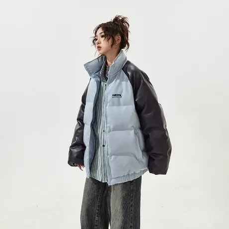 YEP潮牌拼接PU皮棉服女加厚冬季外套2023年新款复古宽松立领棉衣图片