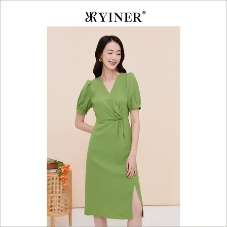 YINER音儿线上专选女装2023夏季V领泡泡袖绿色收腰收褶连衣裙图片