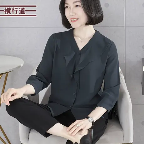 2023冬季新款简约V领荷叶边宽松中袖雪纺衫外穿女上衣大码妈妈装图片
