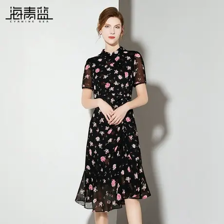 海青蓝 印花连衣裙短袖2025年新款女装中长款高级时尚气质度假裙图片