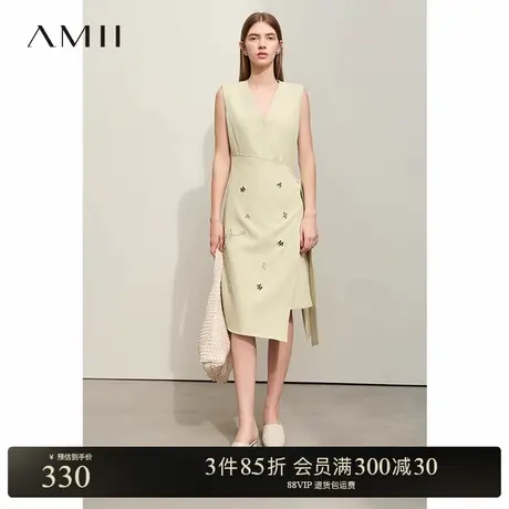 Amii2025春极简春纯色绑带梭织V领不对称裙摆艺术绣花连衣裙女款图片