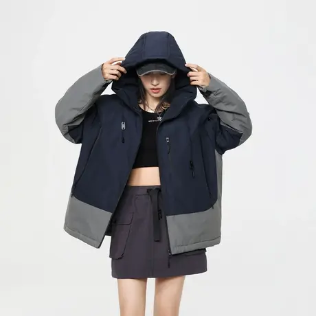美式潮牌拼接棉服女冬季夹棉连帽外套2023新款复古宽松棉衣图片