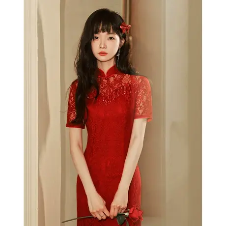 改良订婚旗袍敬酒服新娘高级感小个子女夏季鱼尾连衣裙秋季回门服图片