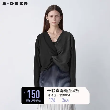 sdeer圣迪奥女装春秋装休闲V领堆叠交叉撞色长袖T恤S221Z0215商品大图
