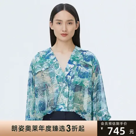朗姿/LANCY桑蚕丝印花西装领衬衫夏季新款女短袖上衣商场同款图片