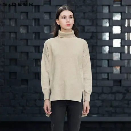 sdeer圣迪奥女装简约罗纹高领开衩不规则针织衫S21463536图片