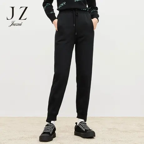 JUZUI玖姿冬季新款黑色松紧抽绳卫裤舒适不规则脚口女休闲裤图片
