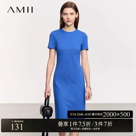 Amii2025夏新款圆领字母印花短袖修身连衣裙女几何分割显瘦裙子图片