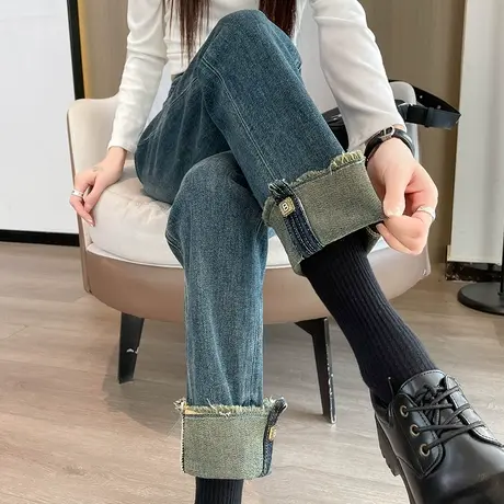 复古高腰翻边九分烟管牛仔裤女2024秋季新款毛边卷边小直筒法棍裤图片
