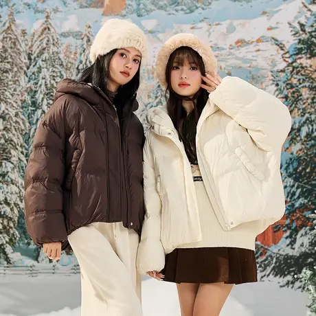 唐狮美拉德羽绒服女冬装新连帽面包服外套短款净色宽松小个子图片
