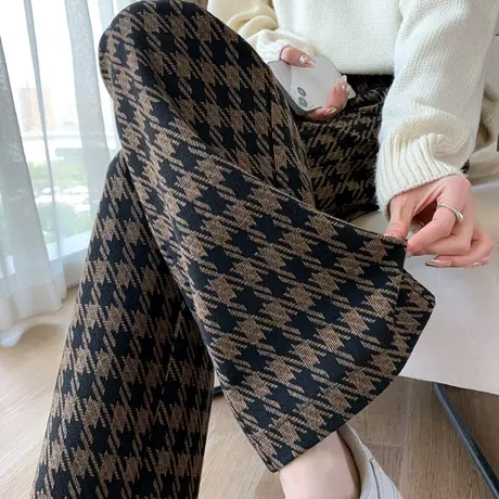 加厚毛呢阔腿裤女秋冬季高腰垂感千鸟格子裤子宽松休闲裤直筒女裤图片
