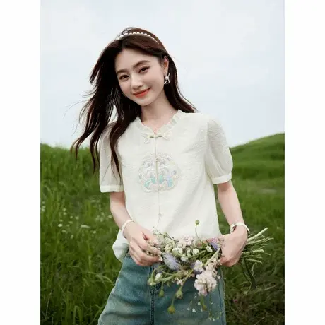 时尚气质衬衫2024年夏季新款女国风刺绣花边领温柔百搭短袖T上衣图片