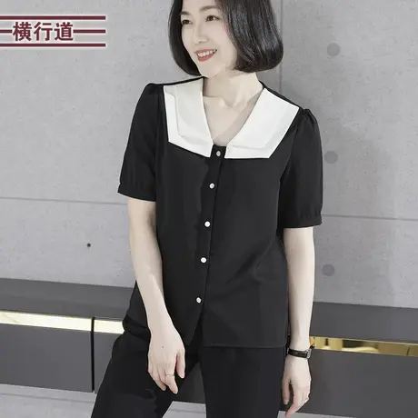 简约韩版撞色领宽松衬衫短袖雪纺衫2023夏季新款女外穿小衫大码图片