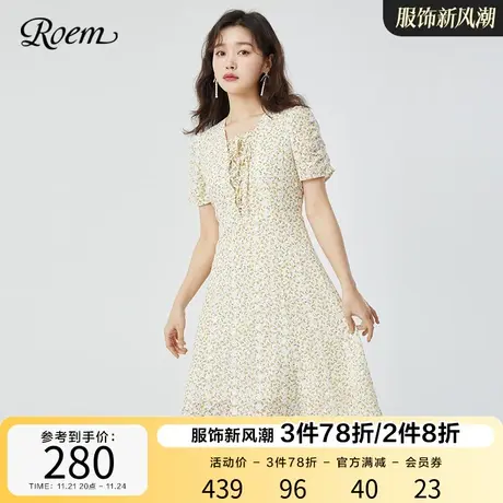 roem甜美商场同款春夏新品显瘦法式碎花雪纺清新中长连衣裙女装图片