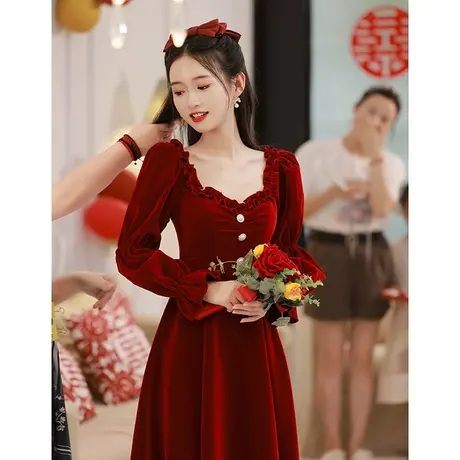 长袖敬酒服新娘2023新款秋冬季小个子酒红色订婚礼服连衣裙灯笼袖图片