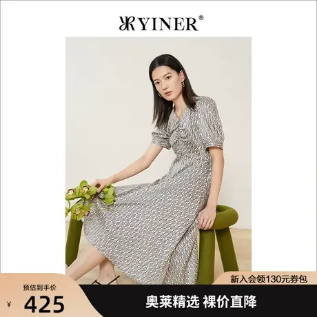 YINER音儿女装2022夏季新款字母印花碎花短袖V领连衣裙图片