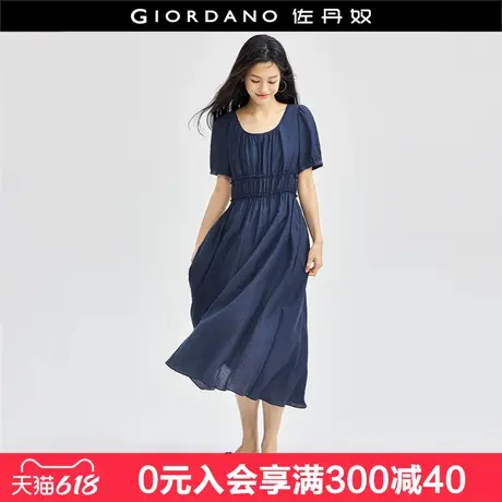 佐丹奴裙子女橡筋收腰肌理甜美泡泡袖花边圆领方口连衣裙18464217图片