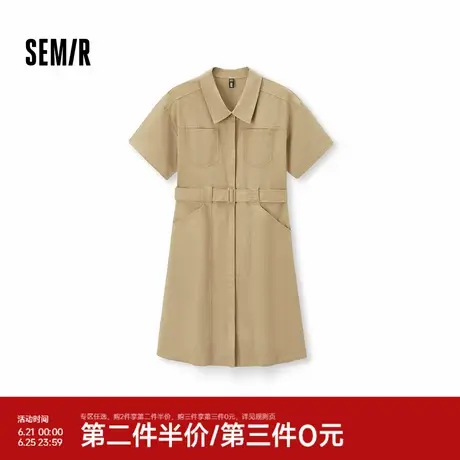 森马连衣裙女纯色宽松衬衫裙潮流百搭夏季盐系腰带短裙复古风时尚图片