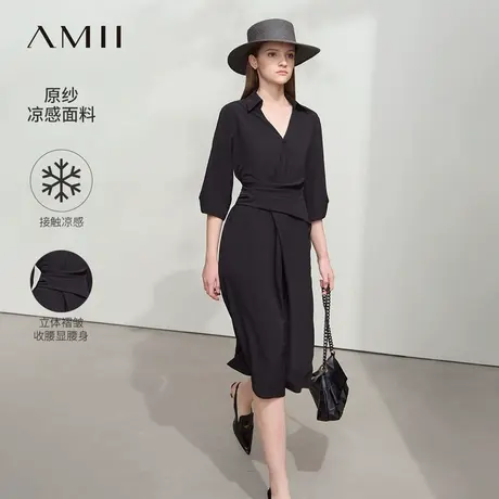 Amii2025夏极简新款知性职业风翻领V领修身无弹褶皱工艺连衣裙图片