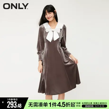 ONLY冬季气质复古翻领拼接蝴蝶结连衣裙女|123407015图片