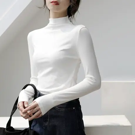 2023新款春秋冬季新款半高领打底衫白色内搭洋气长袖t恤女上衣服图片