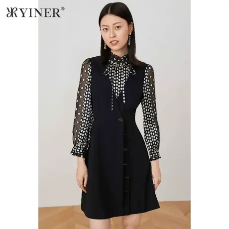 YINER音儿女装春季新款拼接收腰A字连衣裙图片