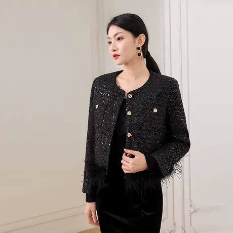 希区瑞普小香风羽绒外套短款女冬季新款优雅亮片毛毛可脱卸图片