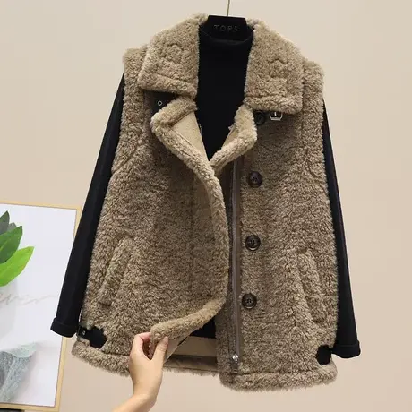 拉链羊羔毛马甲外套女加厚秋冬季外穿皮毛一体立领单排扣背心马夹图片