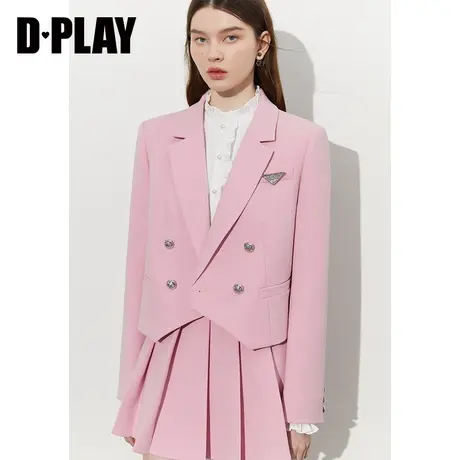 DPLAY2023秋新学院风甜美草莓奶昔翻驳领三角闪钻装饰短西装外套图片