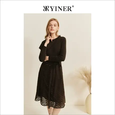 YINER音儿女装冬季收腰圆领镂空中长款高腰A字连衣裙图片
