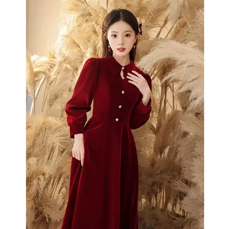 敬酒服新娘2023新款结婚礼服订婚连衣裙娃娃领甜美长袖秋冬丝绒女图片