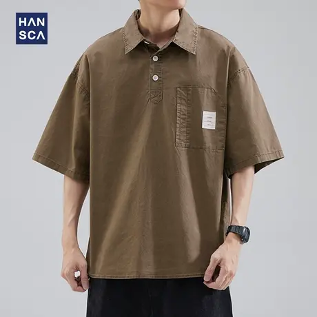 hansca休闲短袖衬衫男宽松日系2023夏季潮牌痞帅纯棉复古半袖衬衣图片