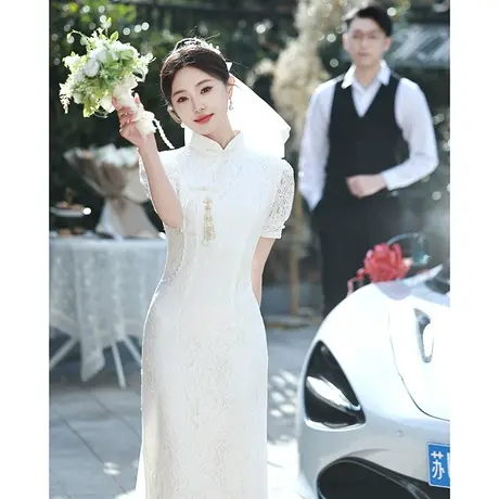 白色旗袍新款2024夏季登记领证小白裙高级感订婚礼服平时可穿蕾丝图片