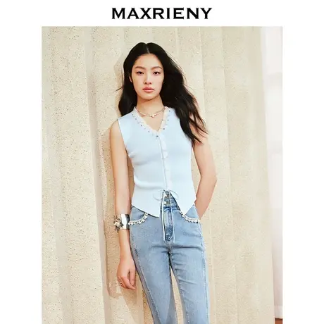 MAXRIENY浪漫优雅针织背心24春款抽褶小众设计感修身显瘦v领上衣图片
