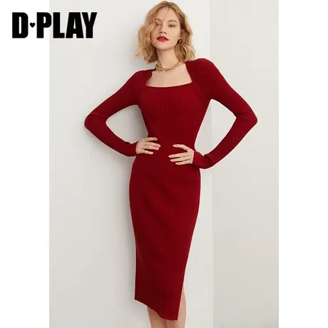 DPLAY秋新款时尚优雅铁锈红性感侧开衩修身长款针织连衣裙图片