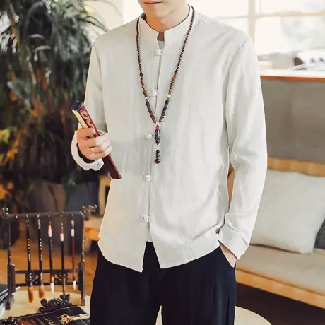 秋季长袖衬衫男复古中国风盘扣立领衬衣大码休闲上衣服宽松青年潮图片