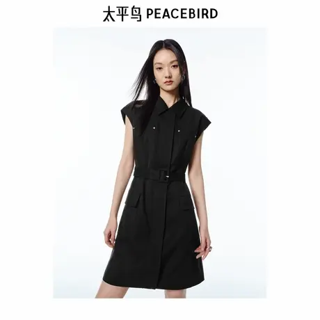 【来了就好】太平鸟工衬衫领收腰连衣裙短袖腰带黑色通勤短裙图片