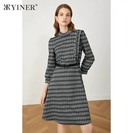 YINER音儿商场同款女装2021冬季新款钉珠格子中长款连衣裙图片