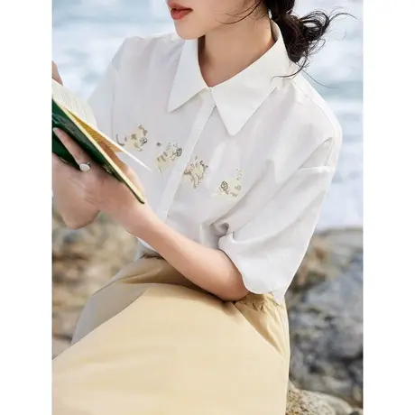 茵曼清新衬衫2023夏女装新款衬衫领落肩袖短袖印花刺绣宽松上衣图片