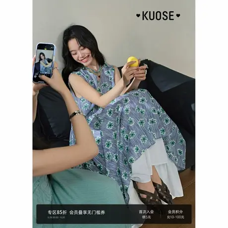 阔色条纹无袖吊带背心裙2025夏季新款女海边度假碎花连衣裙长裙子图片