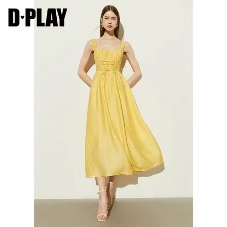 DPLAY夏季新款海边度假黄色收腰抽绳设计感长裙连衣裙女裙子图片
