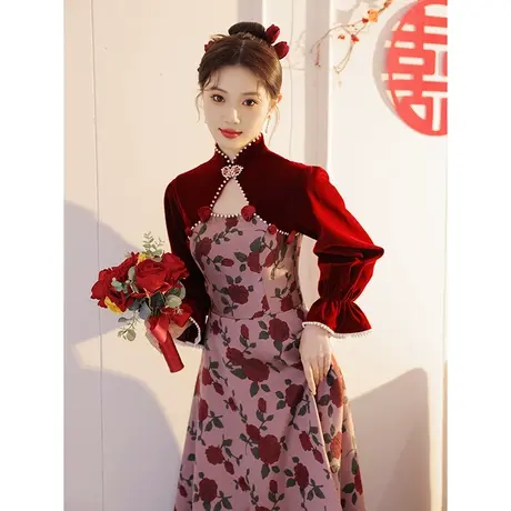 冬季敬酒服新娘大气法式长袖订婚晚礼服裙女高端轻奢小众玫瑰骑士图片