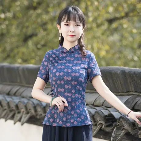 筠雅唐装女中国风改良旗袍上衣2022年夏季新款短袖素衣禅意女装图片