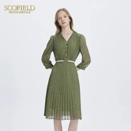 Scofield女装优雅V领七分袖垂感收腰连衣裙秋季裙子图片