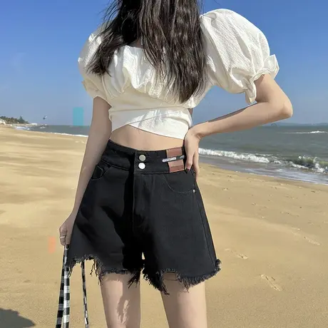 高腰牛仔短裤女2023年夏季新款宽松学生显瘦大码胖mm阔腿A字热裤图片
