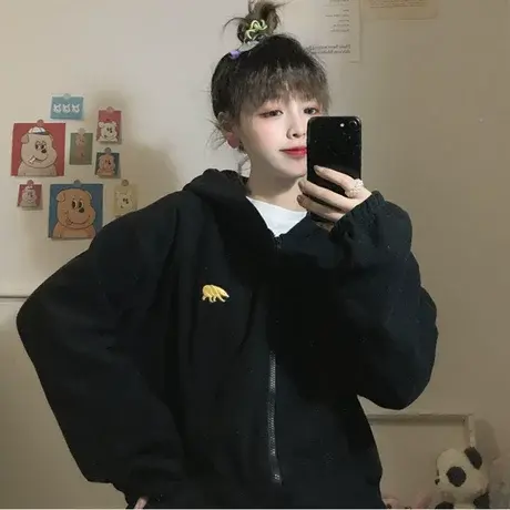 waitmore卫衣女潮ins连帽秋冬韩版宽松bf慵懒风加绒加厚拉链外套图片