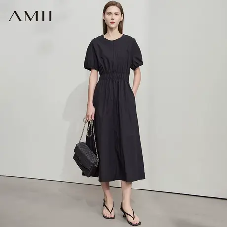 AMII【简约素净连衣裙】韩版休闲简约素净棉感收腰中长款连衣裙图片