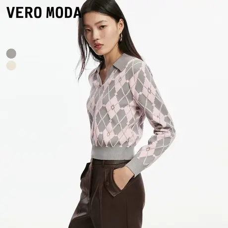 Vero Moda奥莱针织衫女秋冬新款V领菱格短款撞色休闲学院毛衣上衣图片